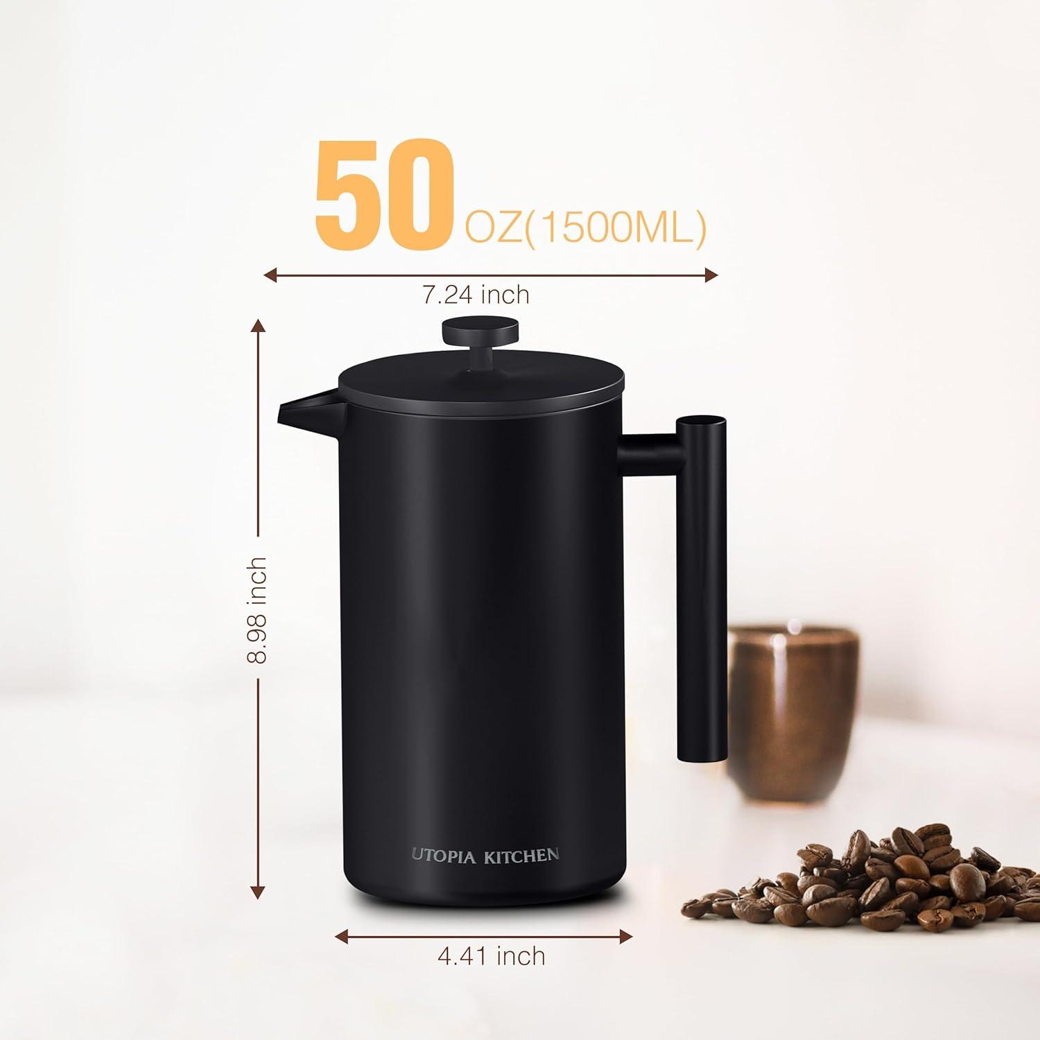 image:imageUtopia Kitchen 304 Grade Stainless Steel French Press Coffee Maker 50 Oz Double Wall Insulated Coffee Press with 4Level Filtration system Include 2 Extra Filters RustFree Dishwasher Safe SilverBlack