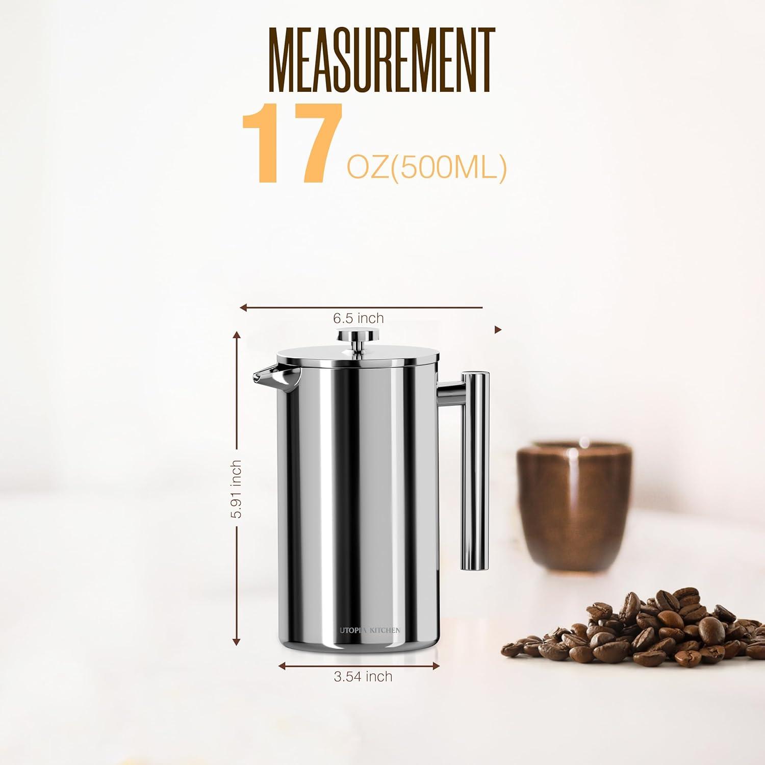 image:imageUtopia Kitchen 304 Grade Stainless Steel French Press Coffee Maker 50 Oz Double Wall Insulated Coffee Press with 4Level Filtration system Include 2 Extra Filters RustFree Dishwasher Safe SilverSilver