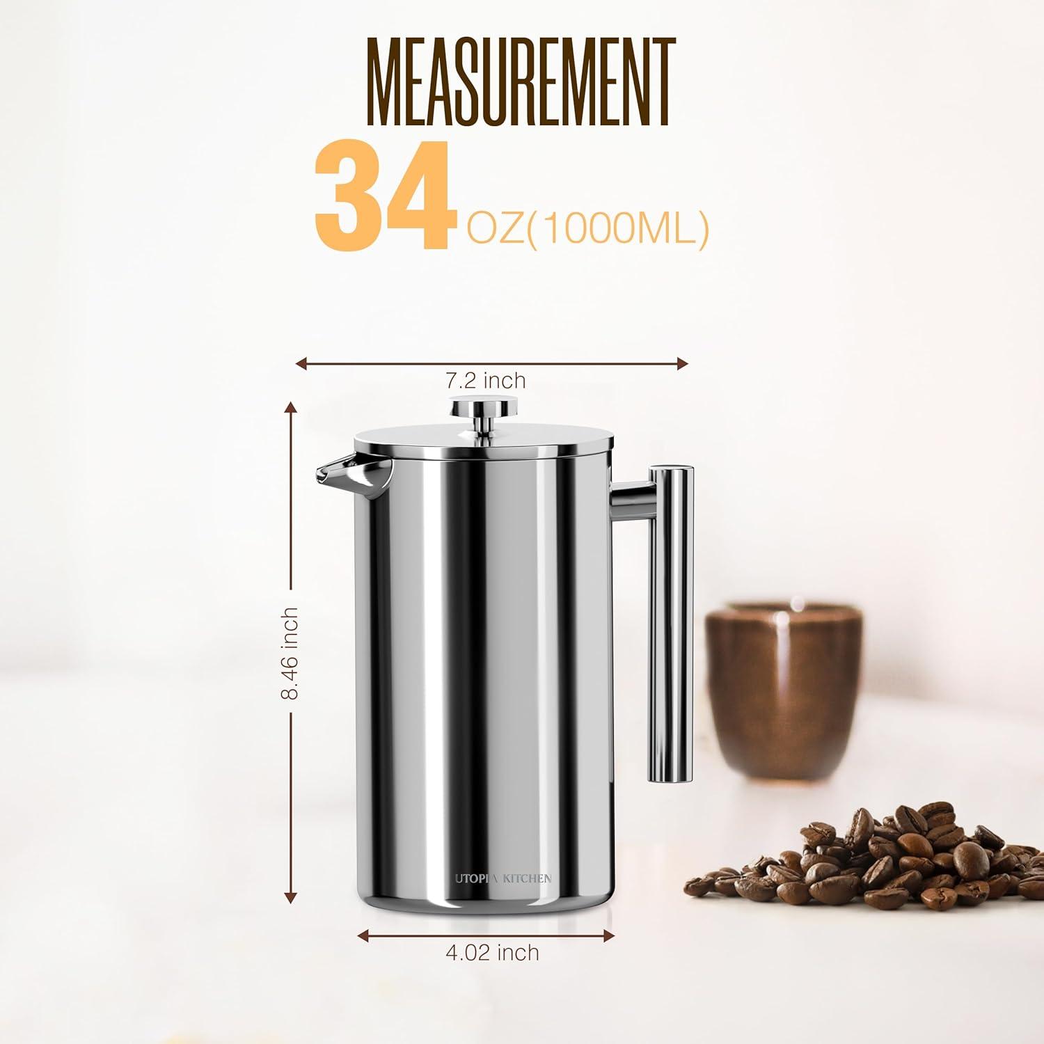 image:imageUtopia Kitchen 304 Grade Stainless Steel French Press Coffee Maker 50 Oz Double Wall Insulated Coffee Press with 4Level Filtration system Include 2 Extra Filters RustFree Dishwasher Safe SilverSilver