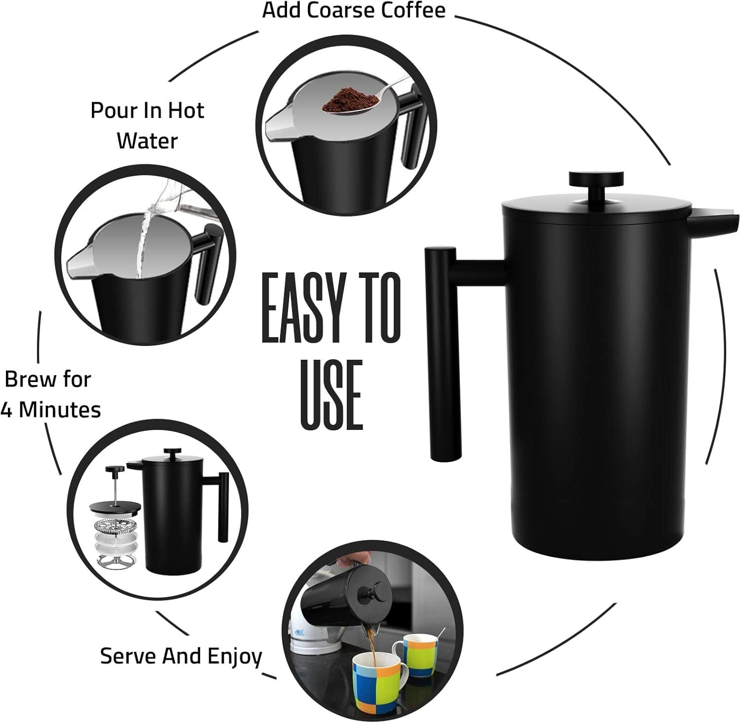 image:imageUtopia Kitchen 304 Grade Stainless Steel French Press Coffee Maker 50 Oz Double Wall Insulated Coffee Press with 4Level Filtration system Include 2 Extra Filters RustFree Dishwasher Safe SilverBlack