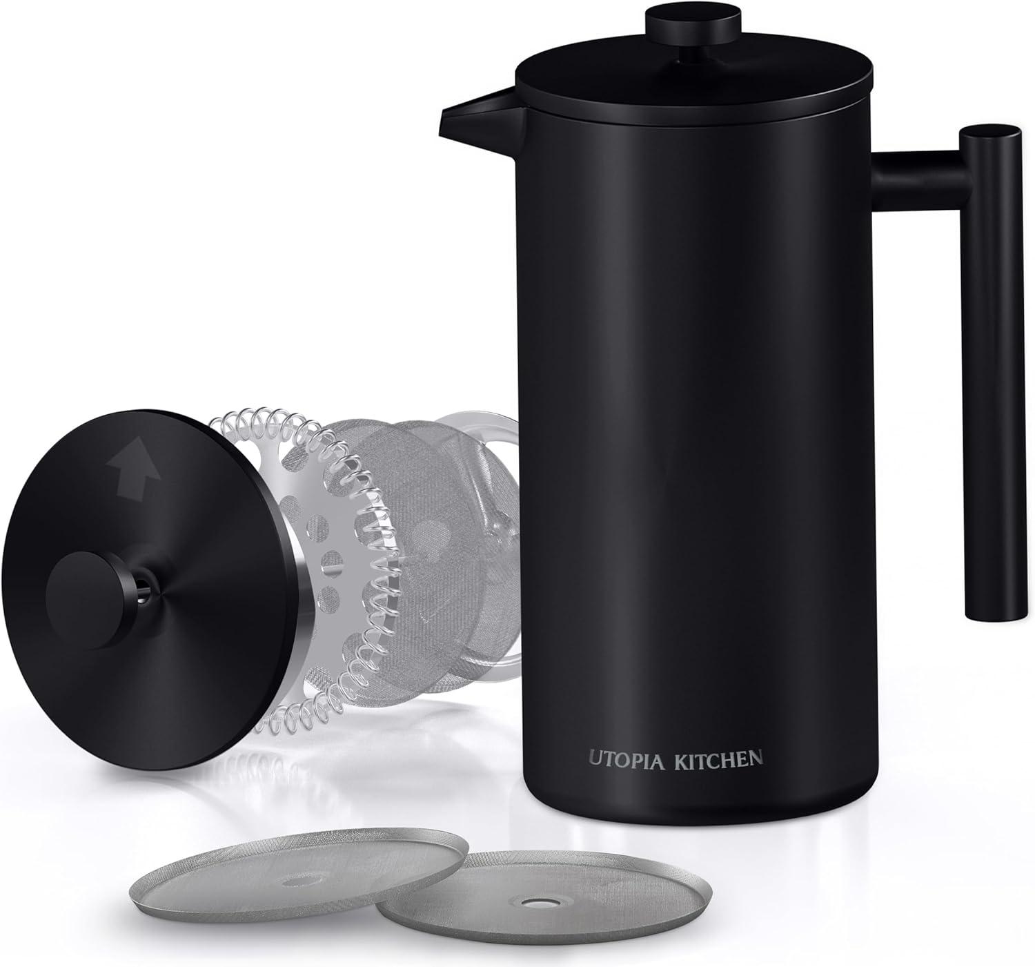 image:imageUtopia Kitchen 304 Grade Stainless Steel French Press Coffee Maker 50 Oz Double Wall Insulated Coffee Press with 4Level Filtration system Include 2 Extra Filters RustFree Dishwasher Safe SilverBlack