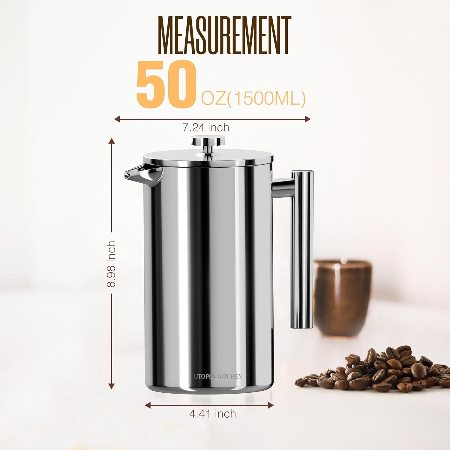 image:imageUtopia Kitchen 304 Grade Stainless Steel French Press Coffee Maker 50 Oz Double Wall Insulated Coffee Press with 4Level Filtration system Include 2 Extra Filters RustFree Dishwasher Safe SilverSilver