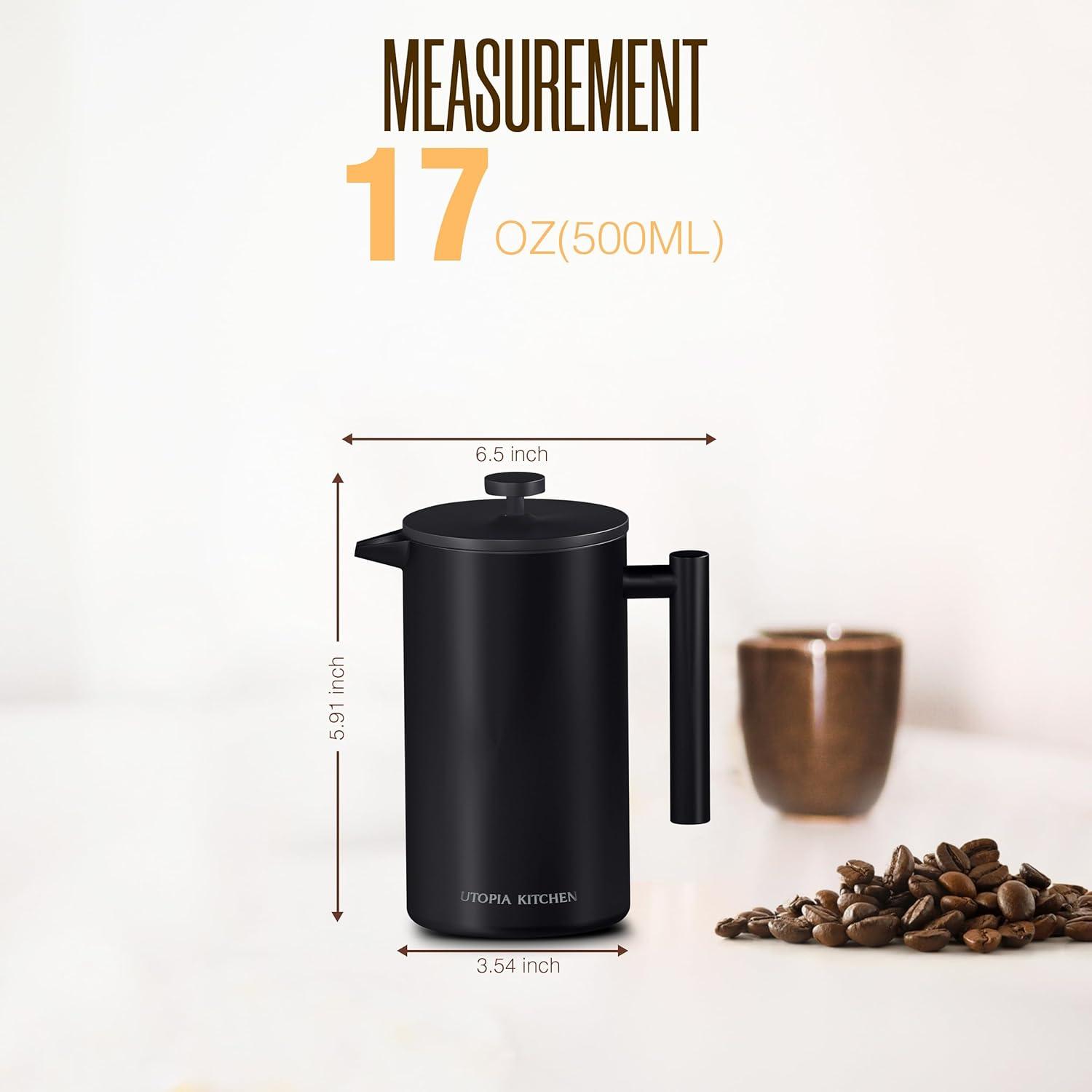 image:imageUtopia Kitchen 304 Grade Stainless Steel French Press Coffee Maker 50 Oz Double Wall Insulated Coffee Press with 4Level Filtration system Include 2 Extra Filters RustFree Dishwasher Safe SilverBlack