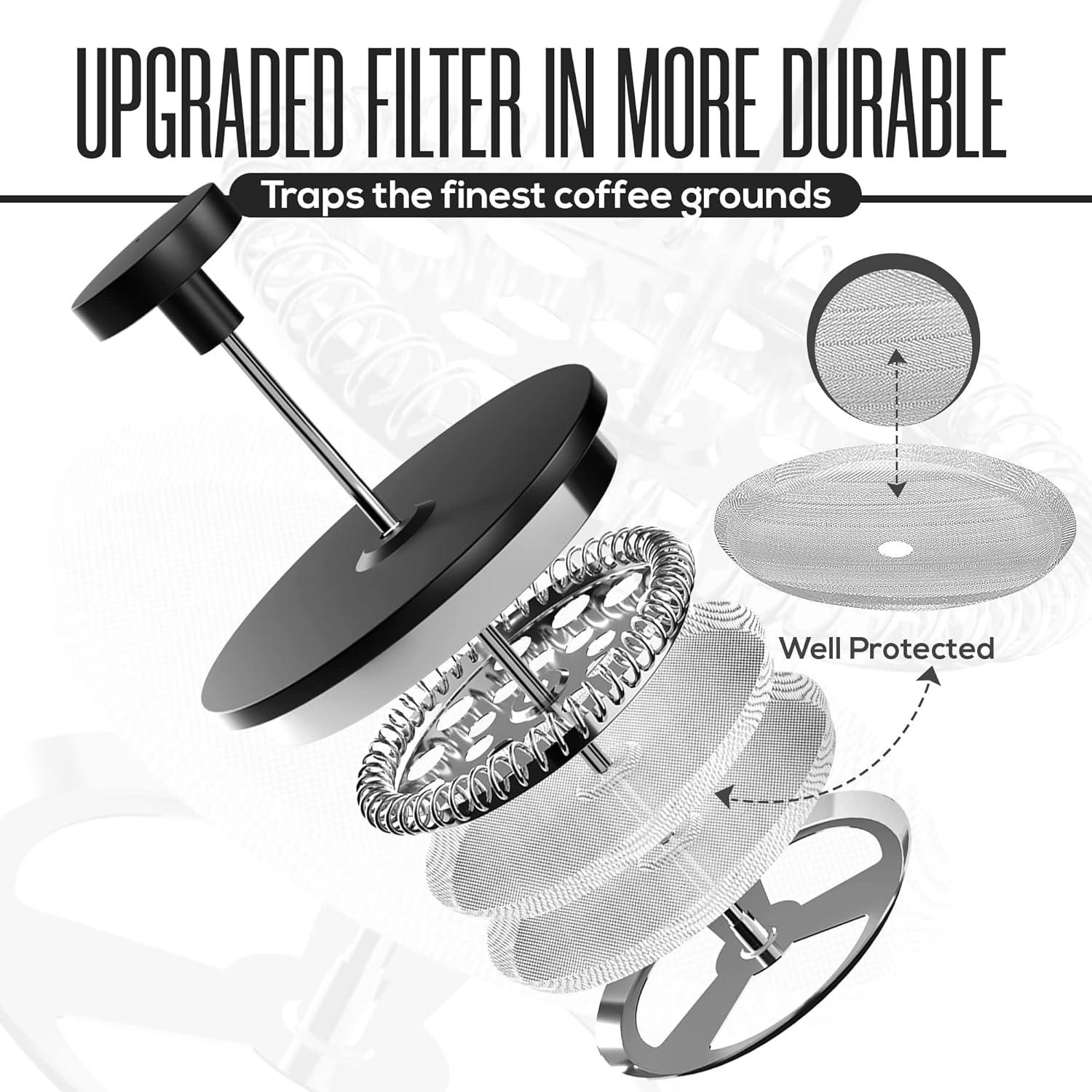 image:imageUtopia Kitchen 304 Grade Stainless Steel French Press Coffee Maker 50 Oz Double Wall Insulated Coffee Press with 4Level Filtration system Include 2 Extra Filters RustFree Dishwasher Safe SilverBlack