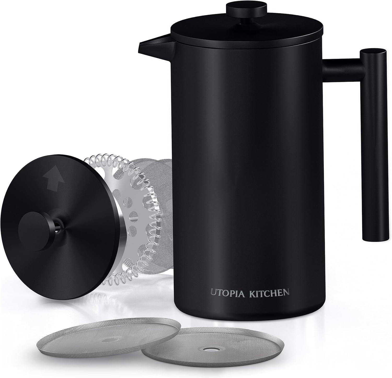 image:imageUtopia Kitchen 304 Grade Stainless Steel French Press Coffee Maker 50 Oz Double Wall Insulated Coffee Press with 4Level Filtration system Include 2 Extra Filters RustFree Dishwasher Safe SilverBlack