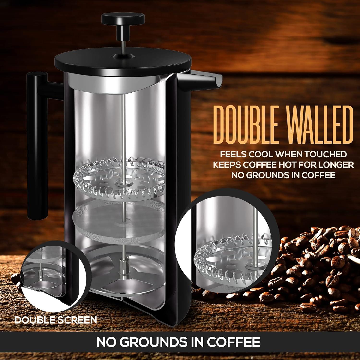 image:imageUtopia Kitchen 304 Grade Stainless Steel French Press Coffee Maker 50 Oz Double Wall Insulated Coffee Press with 4Level Filtration system Include 2 Extra Filters RustFree Dishwasher Safe SilverBlack