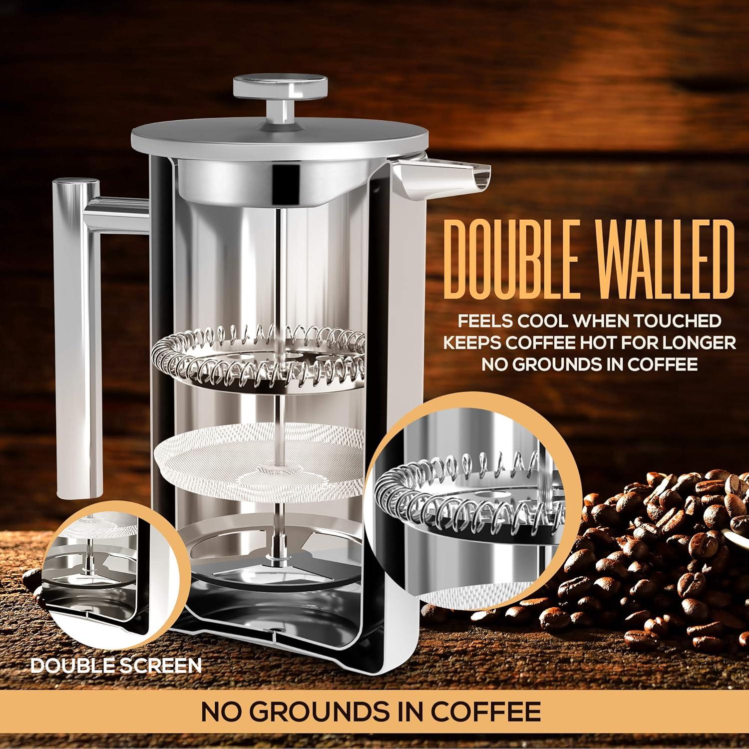image:imageUtopia Kitchen 304 Grade Stainless Steel French Press Coffee Maker 50 Oz Double Wall Insulated Coffee Press with 4Level Filtration system Include 2 Extra Filters RustFree Dishwasher Safe SilverSilver