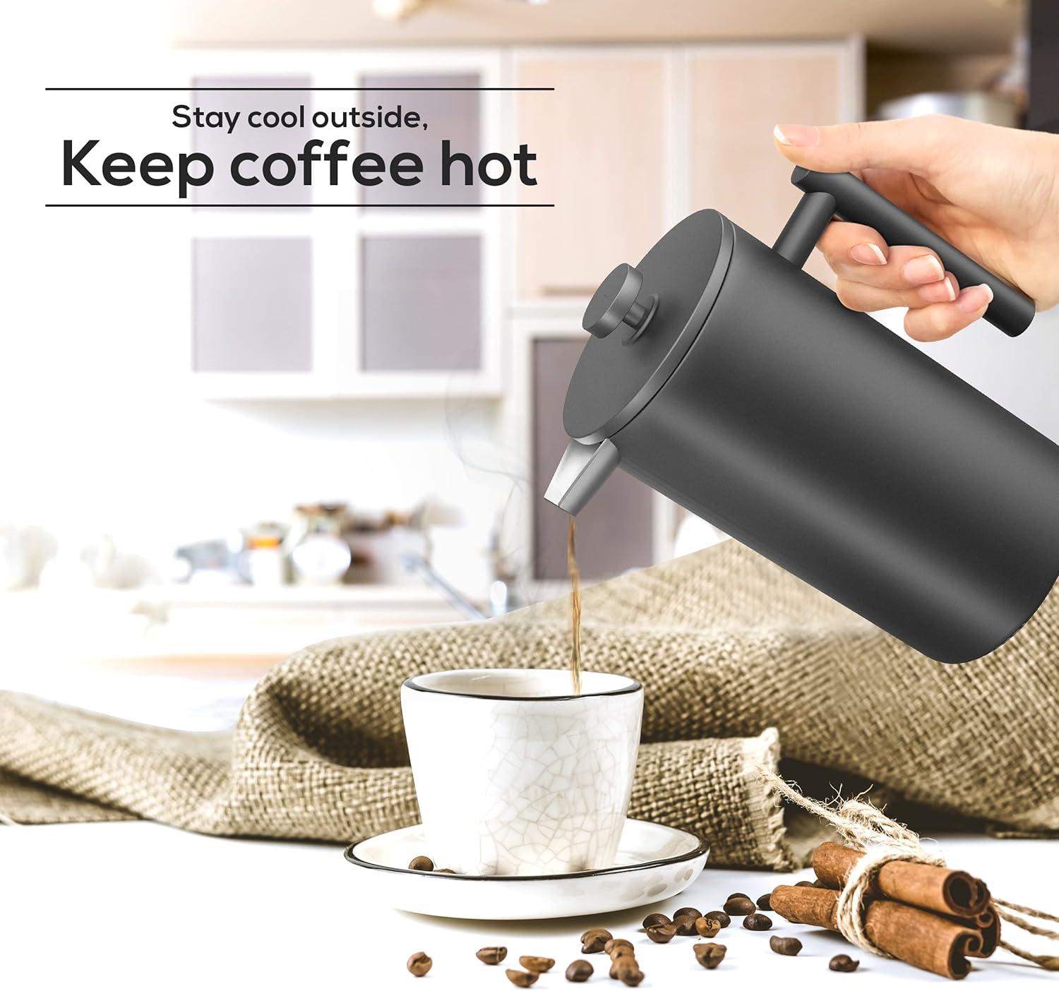 image:imageUtopia Kitchen 304 Grade Stainless Steel French Press Coffee Maker 50 Oz Double Wall Insulated Coffee Press with 4Level Filtration system Include 2 Extra Filters RustFree Dishwasher Safe SilverBlack