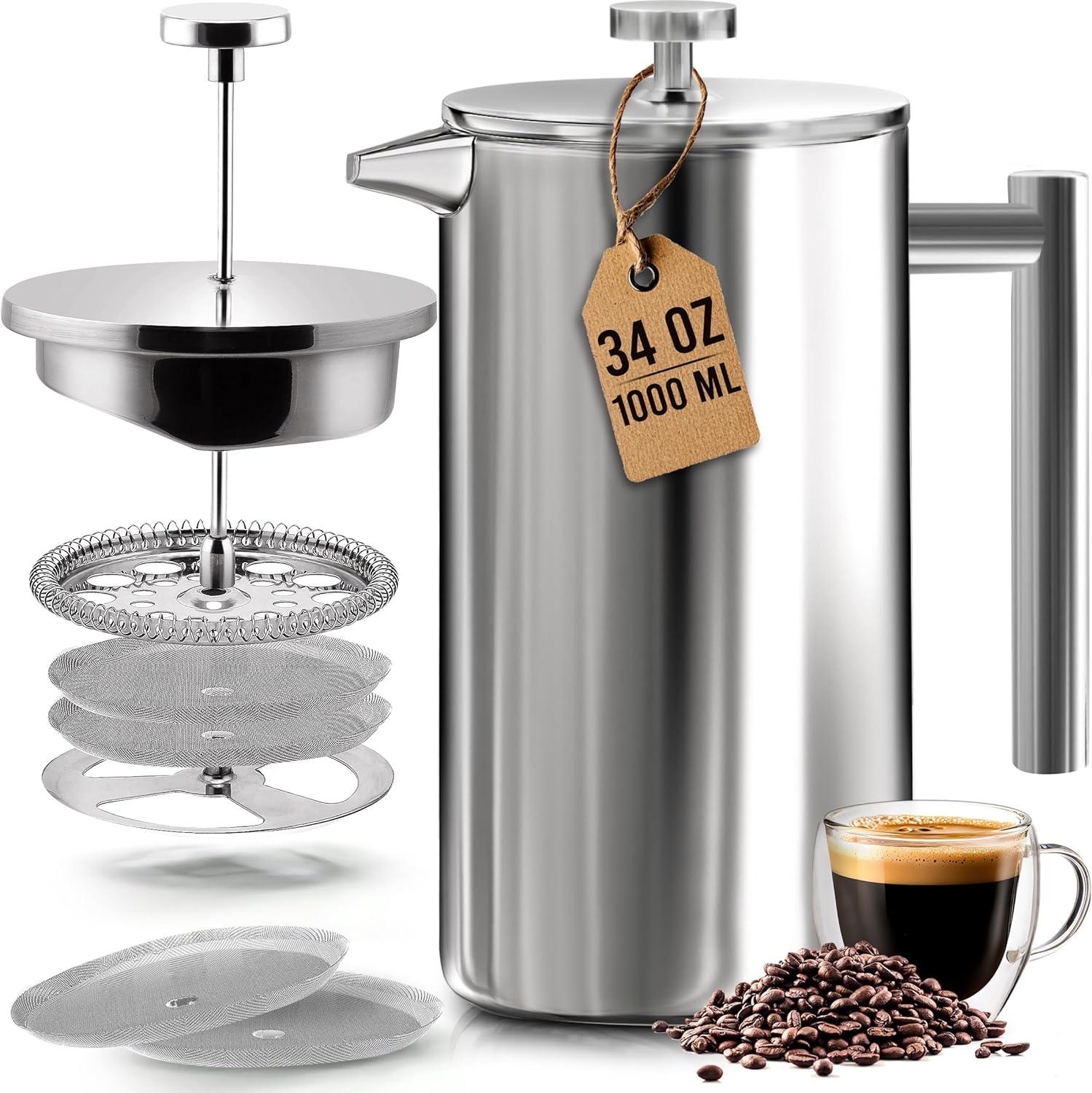 image:imageUtopia Kitchen 304 Grade Stainless Steel French Press Coffee Maker 50 Oz Double Wall Insulated Coffee Press with 4Level Filtration system Include 2 Extra Filters RustFree Dishwasher Safe SilverSilver