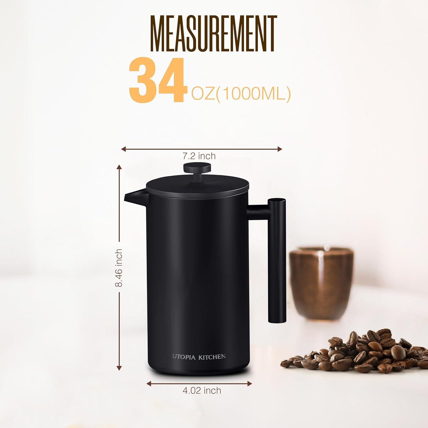 image:imageUtopia Kitchen 304 Grade Stainless Steel French Press Coffee Maker 50 Oz Double Wall Insulated Coffee Press with 4Level Filtration system Include 2 Extra Filters RustFree Dishwasher Safe SilverBlack