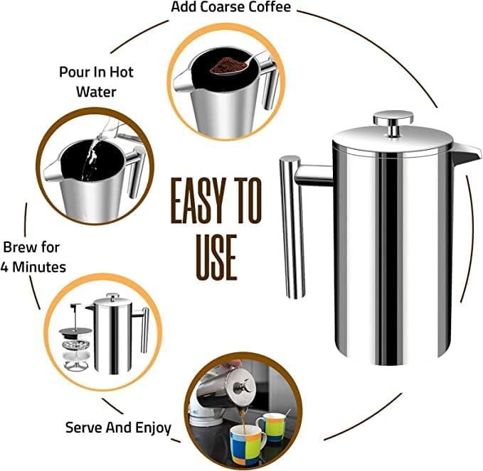 image:imageUtopia Kitchen 304 Grade Stainless Steel French Press Coffee Maker 50 Oz Double Wall Insulated Coffee Press with 4Level Filtration system Include 2 Extra Filters RustFree Dishwasher Safe SilverSilver