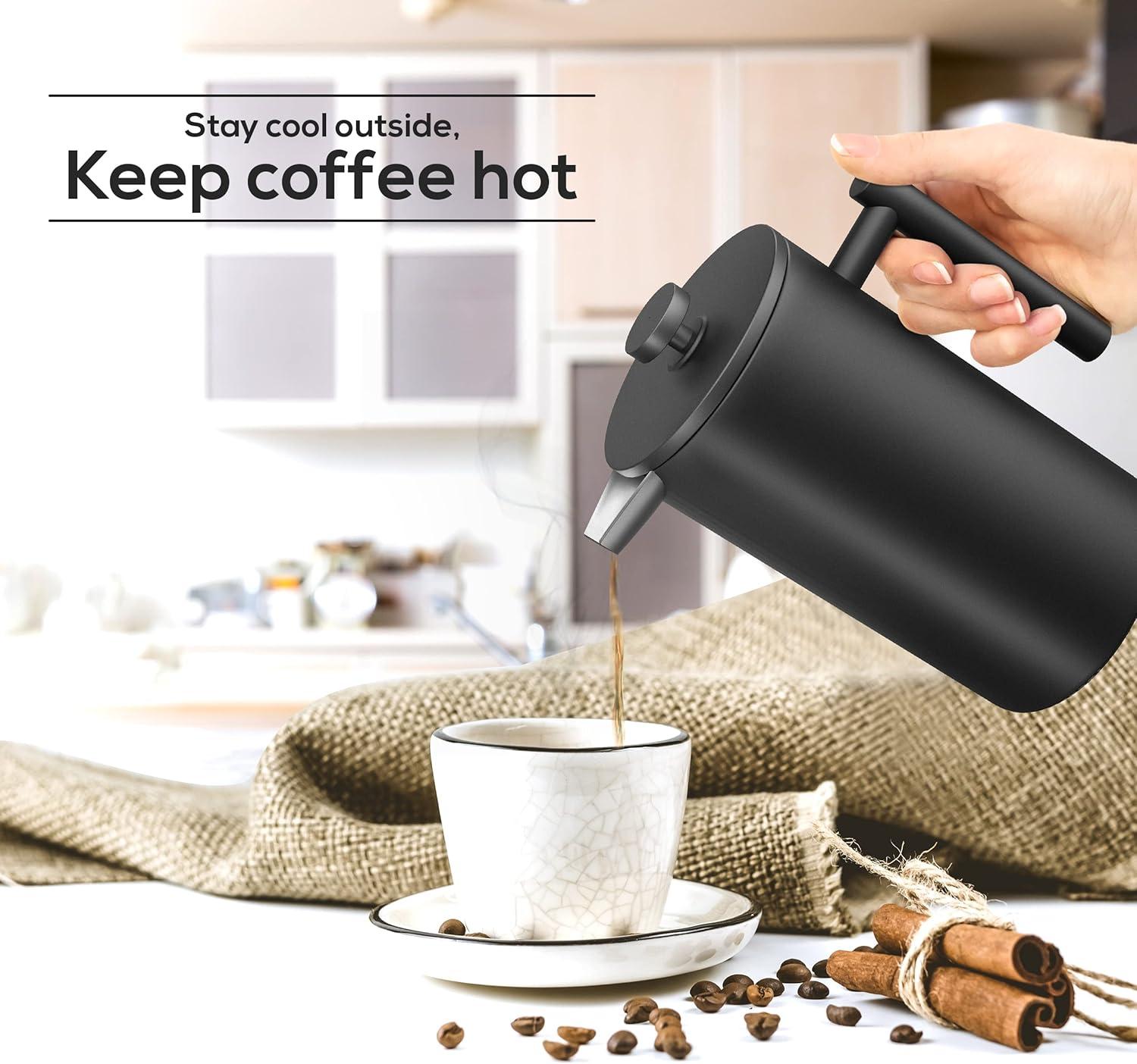 image:imageUtopia Kitchen 304 Grade Stainless Steel French Press Coffee Maker 50 Oz Double Wall Insulated Coffee Press with 4Level Filtration system Include 2 Extra Filters RustFree Dishwasher Safe SilverBlack