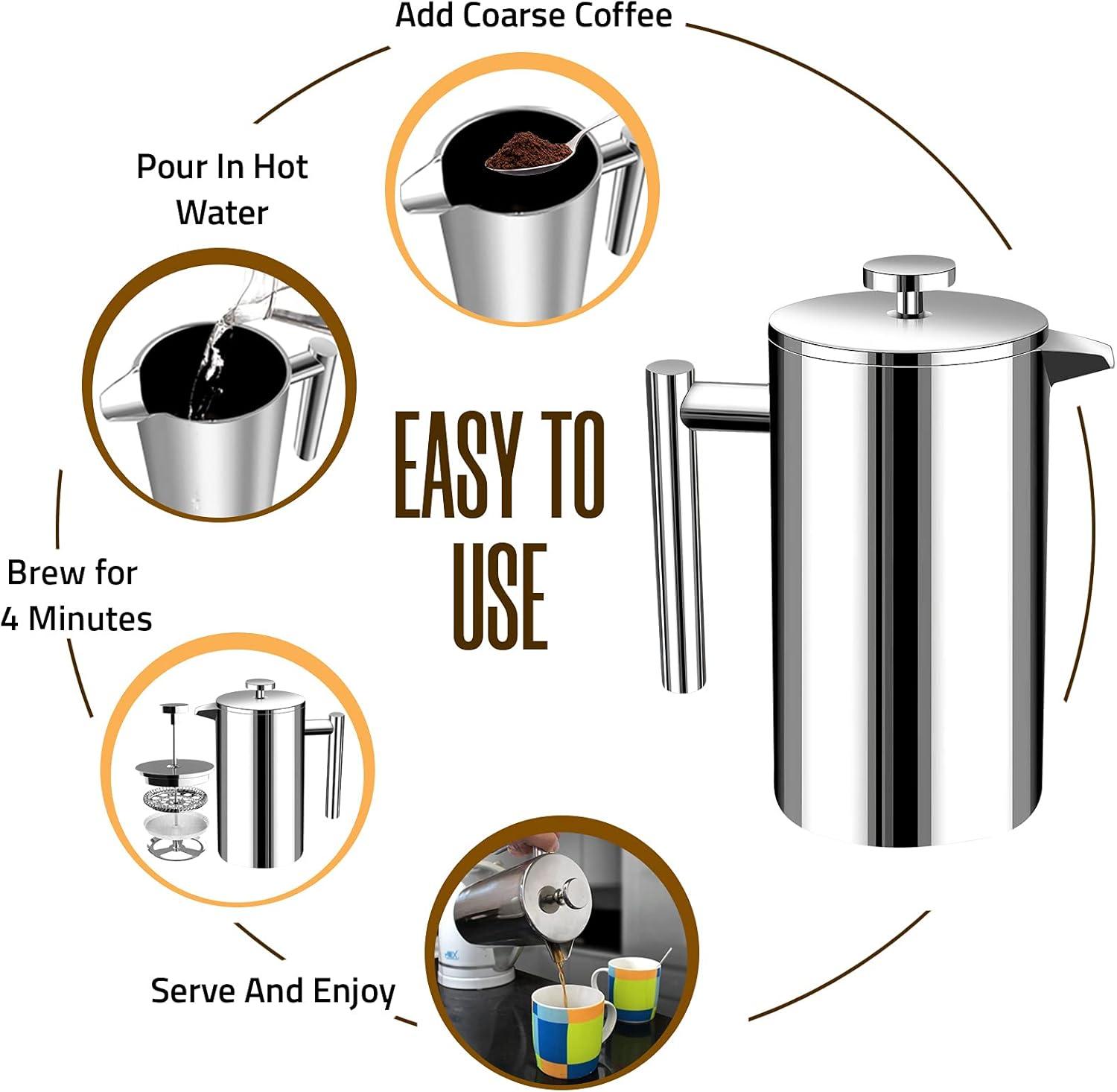 image:imageUtopia Kitchen 304 Grade Stainless Steel French Press Coffee Maker 50 Oz Double Wall Insulated Coffee Press with 4Level Filtration system Include 2 Extra Filters RustFree Dishwasher Safe SilverSilver