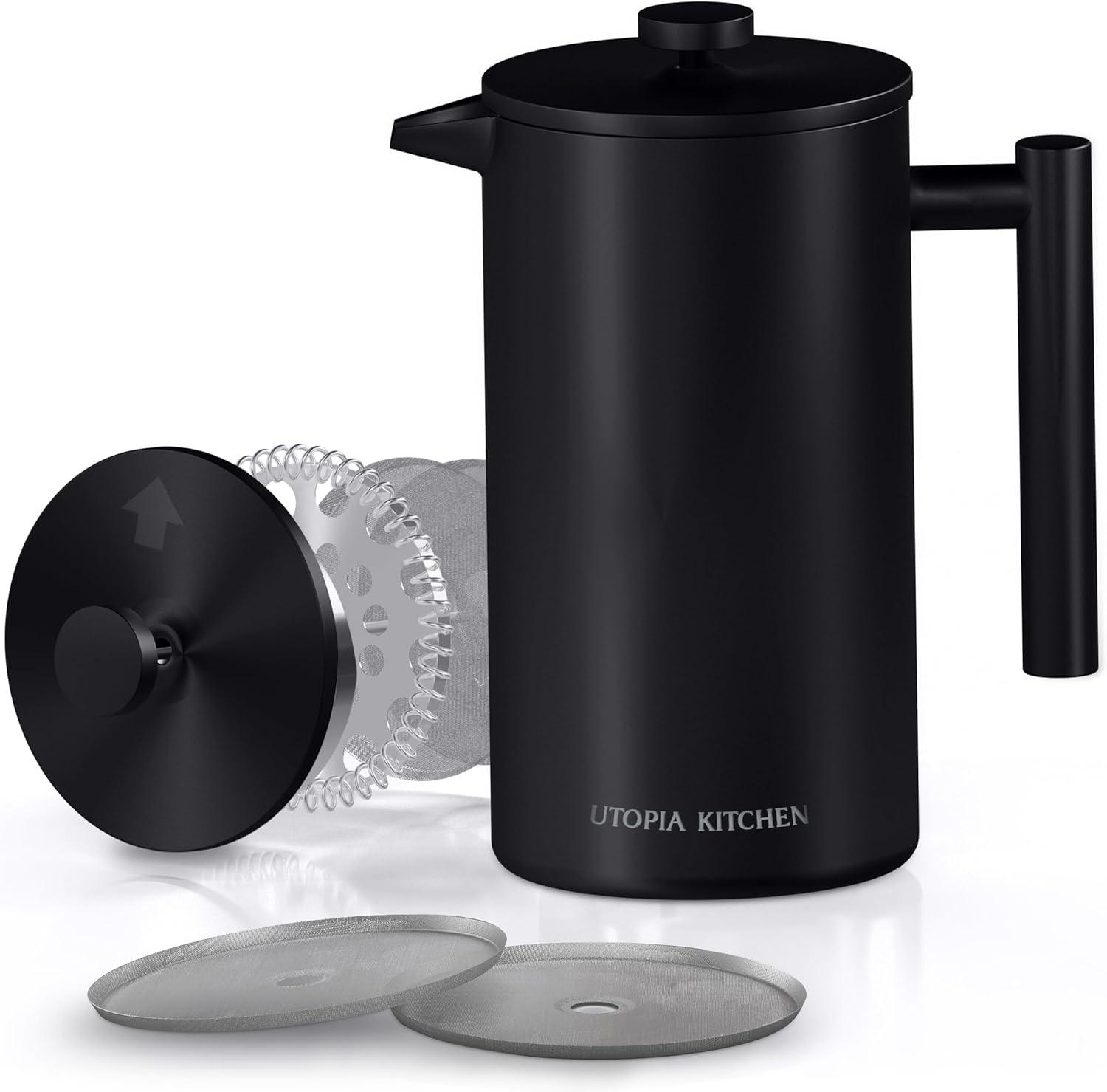 image:imageUtopia Kitchen 304 Grade Stainless Steel French Press Coffee Maker 50 Oz Double Wall Insulated Coffee Press with 4Level Filtration system Include 2 Extra Filters RustFree Dishwasher Safe SilverBlack