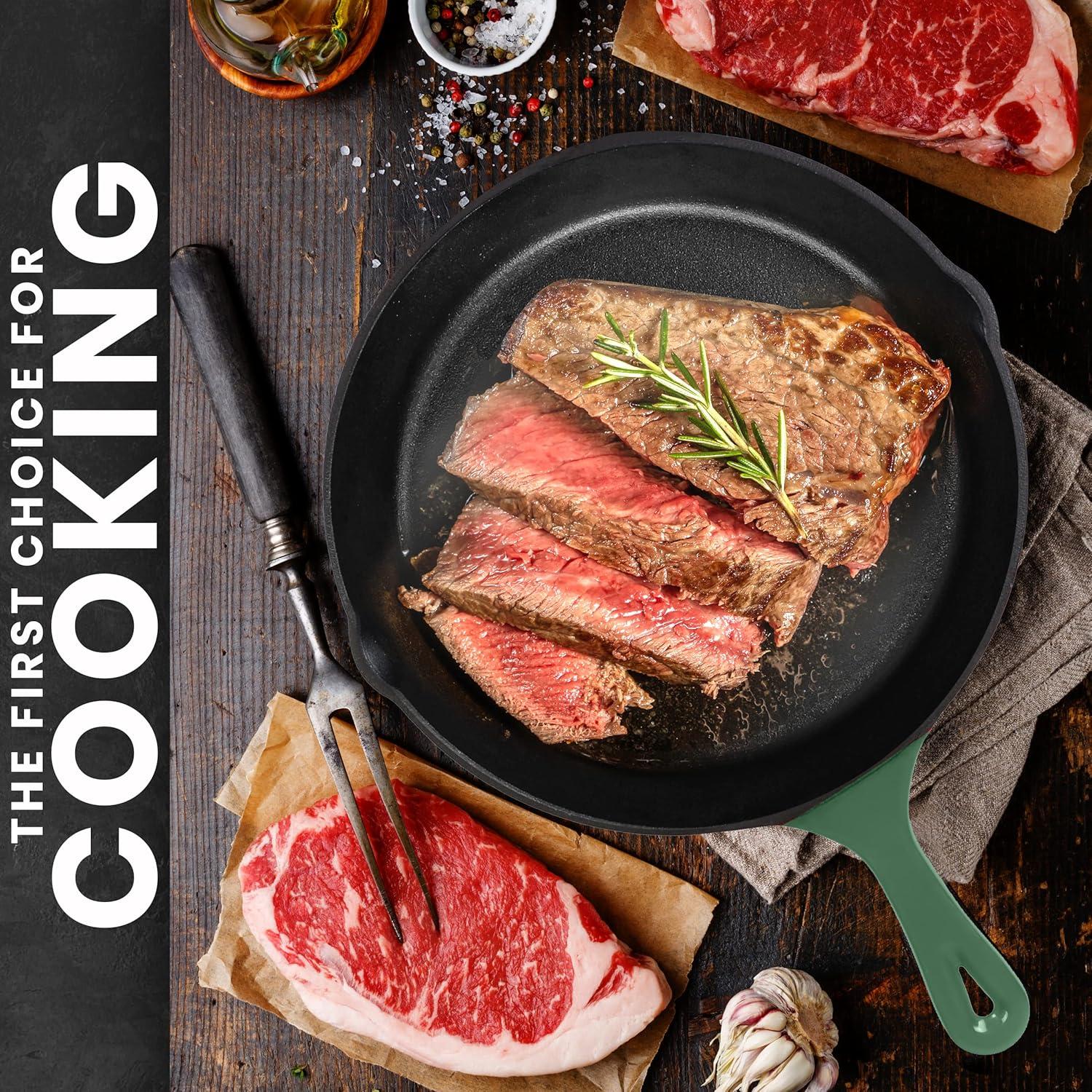image:imageUtopia Kitchen Cast iron Skillets 3 Piece Set Chefs Pan Pre Seasoned Cast iron Skillets 6 8 amp 10 Inches Easy Use in the Oven Stove Grill or Campfire BlackGreen