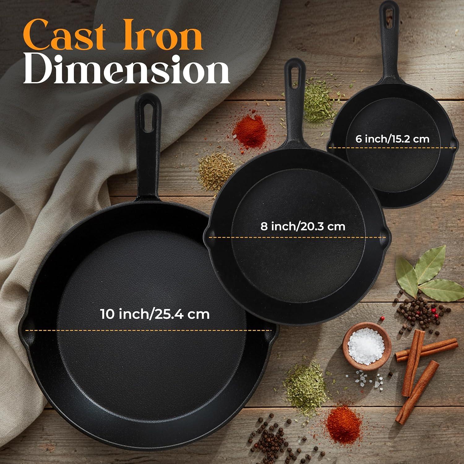 image:imageUtopia Kitchen Cast iron Skillets 3 Piece Set Chefs Pan Pre Seasoned Cast iron Skillets 6 8 amp 10 Inches Easy Use in the Oven Stove Grill or Campfire BlackBlack