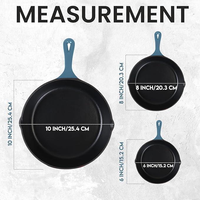 image:imageUtopia Kitchen Cast iron Skillets 3 Piece Set Chefs Pan Pre Seasoned Cast iron Skillets 6 8 amp 10 Inches Easy Use in the Oven Stove Grill or Campfire BlackTeal