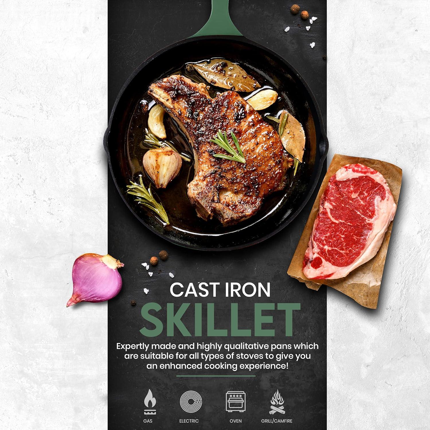 image:imageUtopia Kitchen Cast iron Skillets 3 Piece Set Chefs Pan Pre Seasoned Cast iron Skillets 6 8 amp 10 Inches Easy Use in the Oven Stove Grill or Campfire BlackGreen