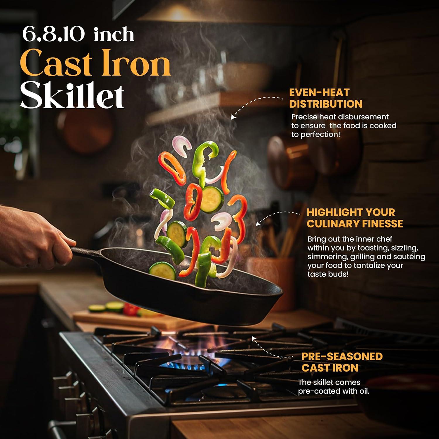 image:imageUtopia Kitchen Cast iron Skillets 3 Piece Set Chefs Pan Pre Seasoned Cast iron Skillets 6 8 amp 10 Inches Easy Use in the Oven Stove Grill or Campfire BlackBlack