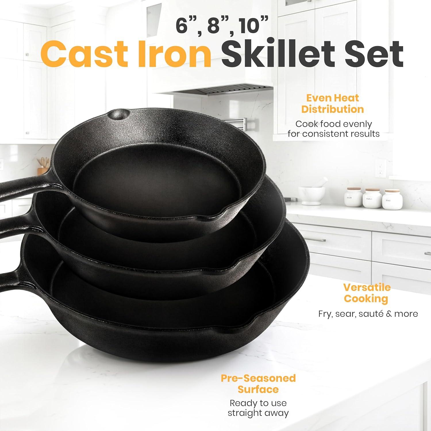 image:imageUtopia Kitchen Cast iron Skillets 3 Piece Set Chefs Pan Pre Seasoned Cast iron Skillets 6 8 amp 10 Inches Easy Use in the Oven Stove Grill or Campfire BlackBlack