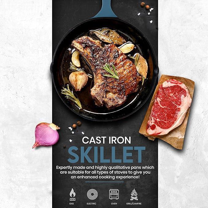image:imageUtopia Kitchen Cast iron Skillets 3 Piece Set Chefs Pan Pre Seasoned Cast iron Skillets 6 8 amp 10 Inches Easy Use in the Oven Stove Grill or Campfire BlackTeal