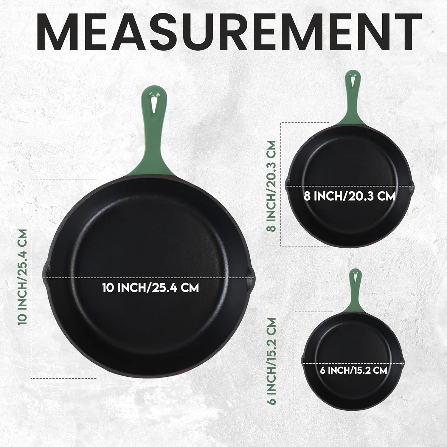 image:imageUtopia Kitchen Cast iron Skillets 3 Piece Set Chefs Pan Pre Seasoned Cast iron Skillets 6 8 amp 10 Inches Easy Use in the Oven Stove Grill or Campfire BlackGreen