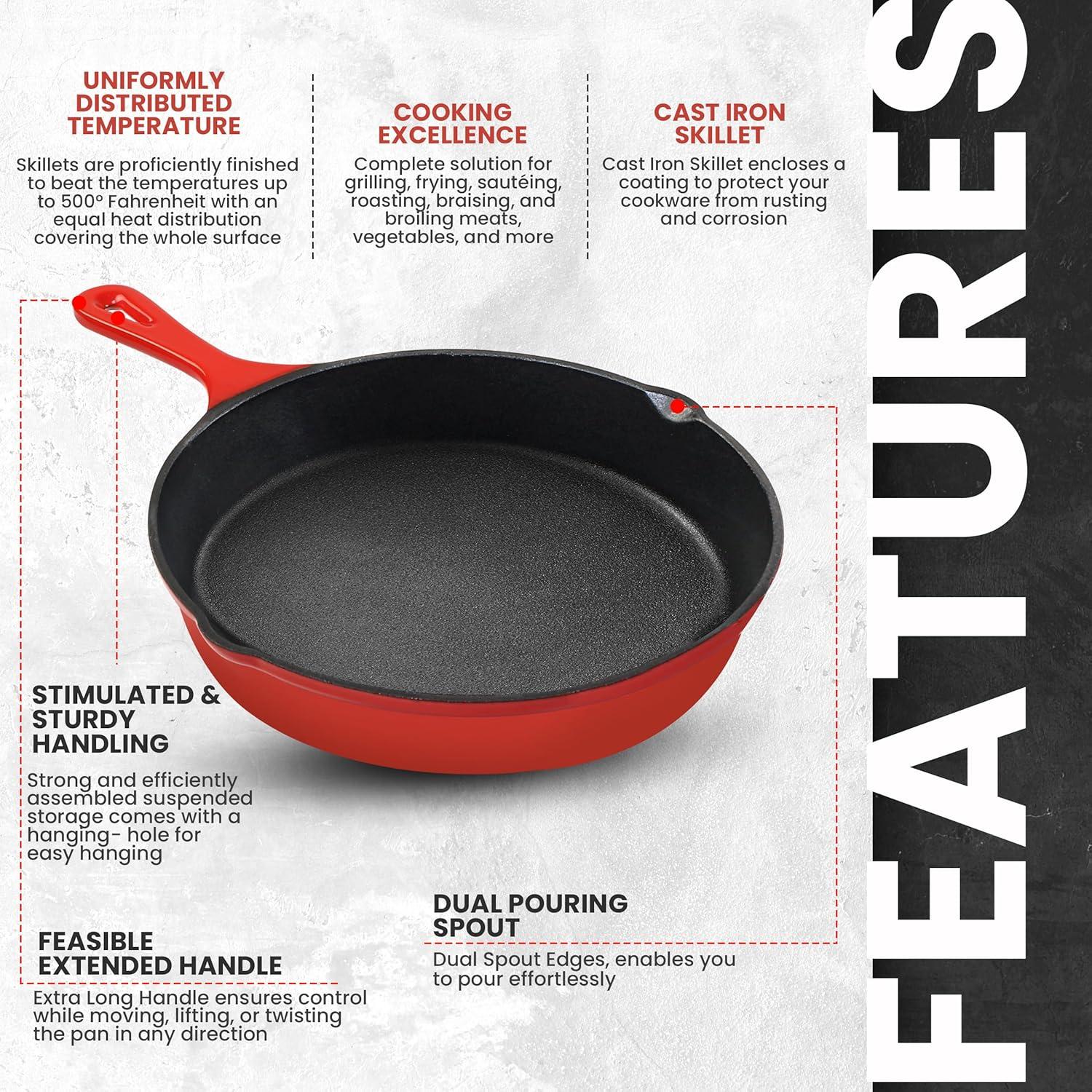 image:imageUtopia Kitchen Cast iron Skillets 3 Piece Set Chefs Pan Pre Seasoned Cast iron Skillets 6 8 amp 10 Inches Easy Use in the Oven Stove Grill or Campfire BlackRed