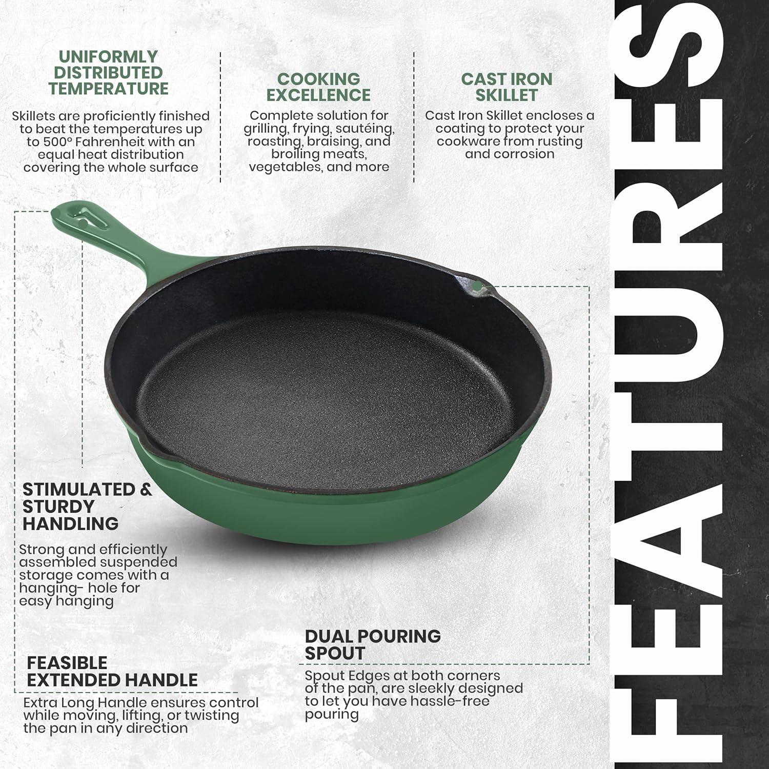 image:imageUtopia Kitchen Cast iron Skillets 3 Piece Set Chefs Pan Pre Seasoned Cast iron Skillets 6 8 amp 10 Inches Easy Use in the Oven Stove Grill or Campfire BlackGreen