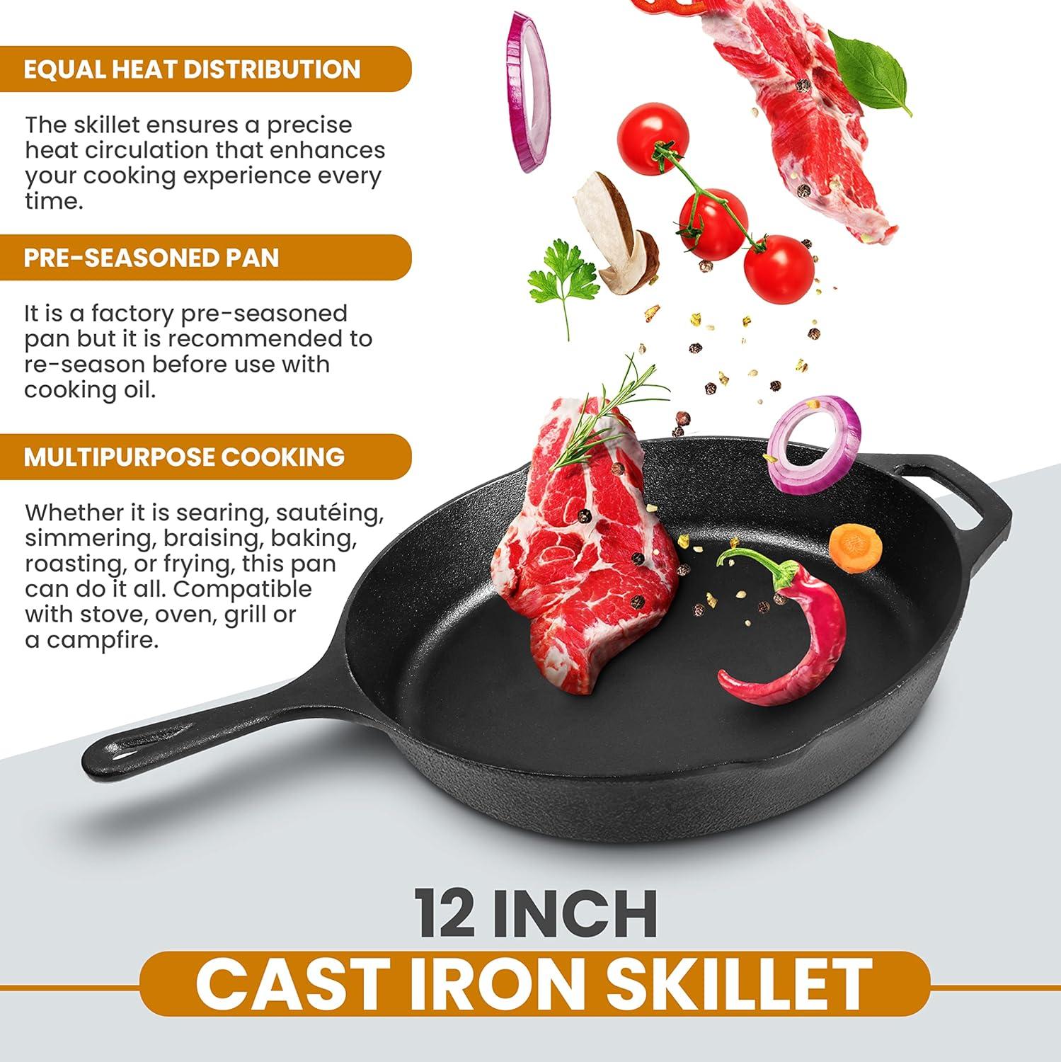 image:imageUtopia Kitchen Premium Saute Frying Pan 12 Inch Cast Iron Chefs Pan Pre Seasoned Cast iron Skillet With Lid Safe Grill Cookware for Indoor amp Outdoor Use BlackBlack