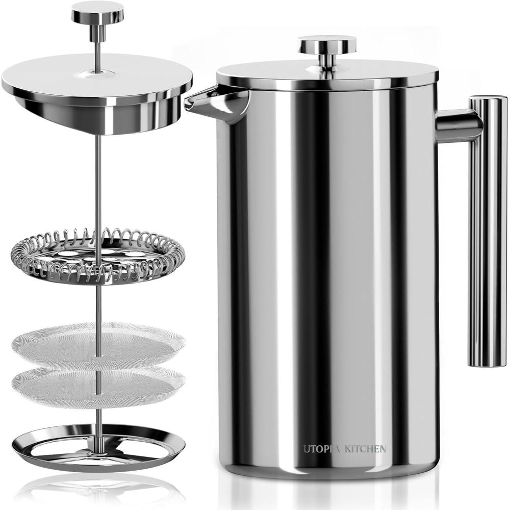 image:imageUtopia Kitchen 304 Grade Stainless Steel French Press Coffee Maker 50 Oz Double Wall Insulated Coffee Press with 4Level Filtration system Include 2 Extra Filters RustFree Dishwasher Safe SilverSilver