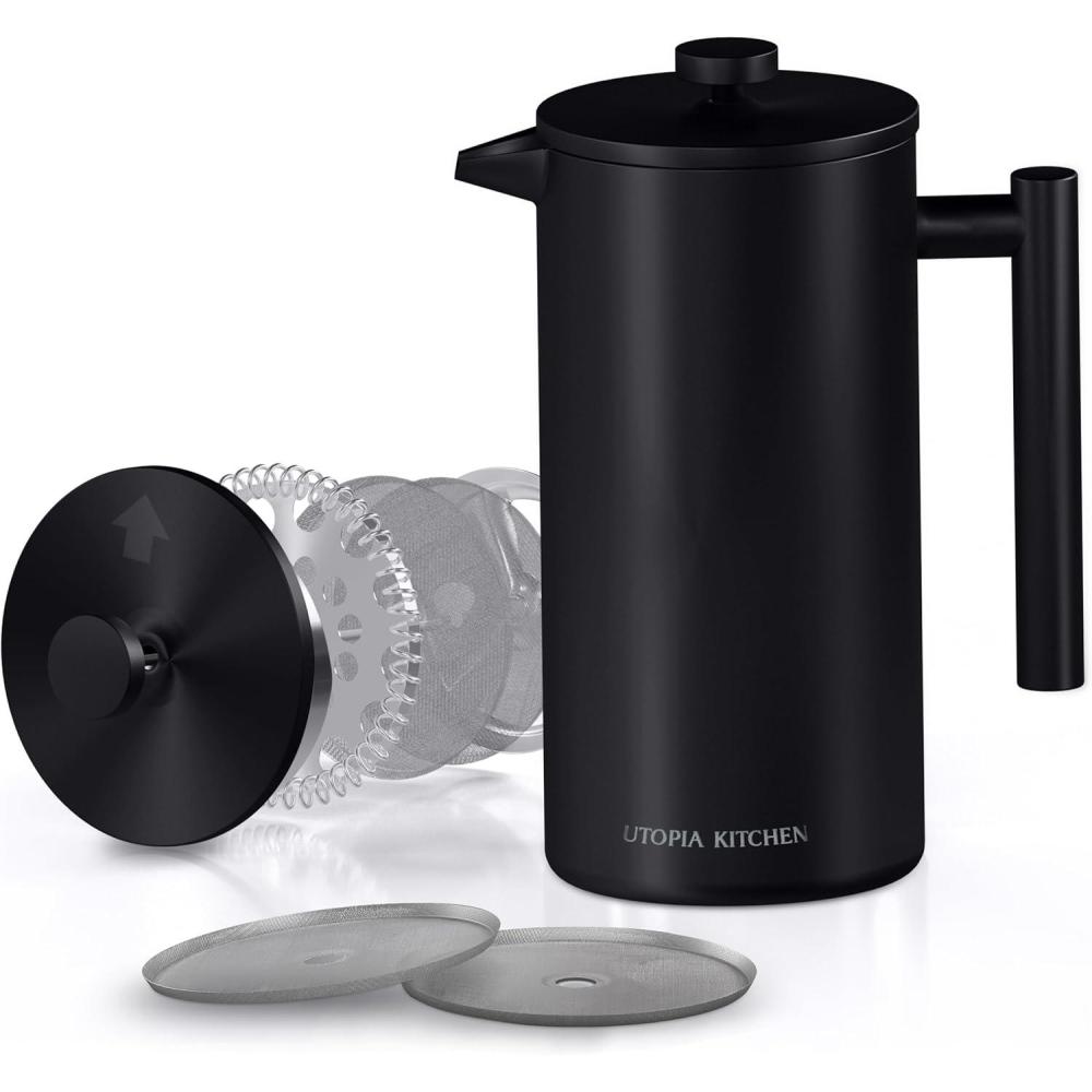 image:imageUtopia Kitchen 304 Grade Stainless Steel French Press Coffee Maker 50 Oz Double Wall Insulated Coffee Press with 4Level Filtration system Include 2 Extra Filters RustFree Dishwasher Safe SilverBlack