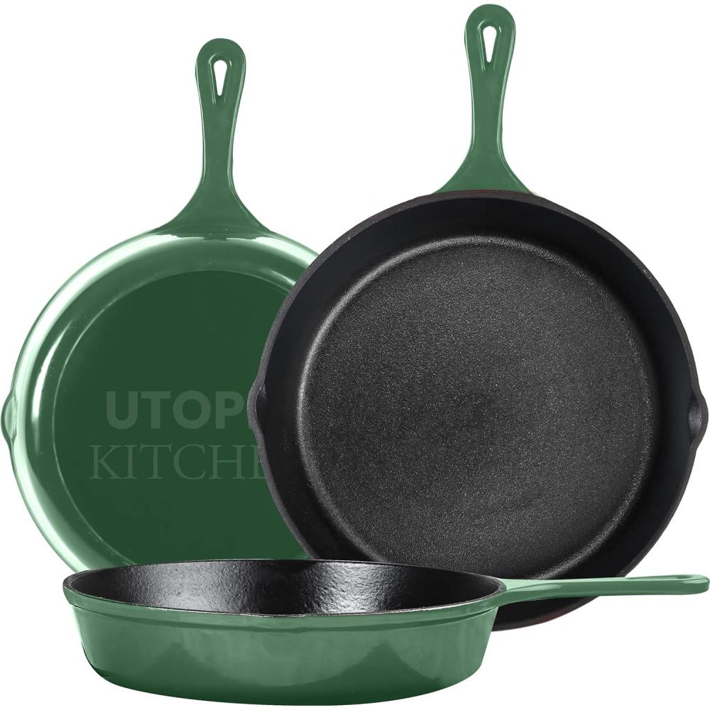 image:imageUtopia Kitchen Cast iron Skillets 3 Piece Set Chefs Pan Pre Seasoned Cast iron Skillets 6 8 amp 10 Inches Easy Use in the Oven Stove Grill or Campfire BlackGreen