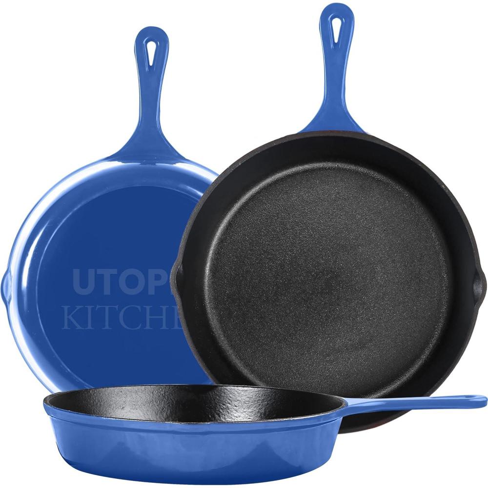 image:imageUtopia Kitchen Cast iron Skillets 3 Piece Set Chefs Pan Pre Seasoned Cast iron Skillets 6 8 amp 10 Inches Easy Use in the Oven Stove Grill or Campfire BlackBlue