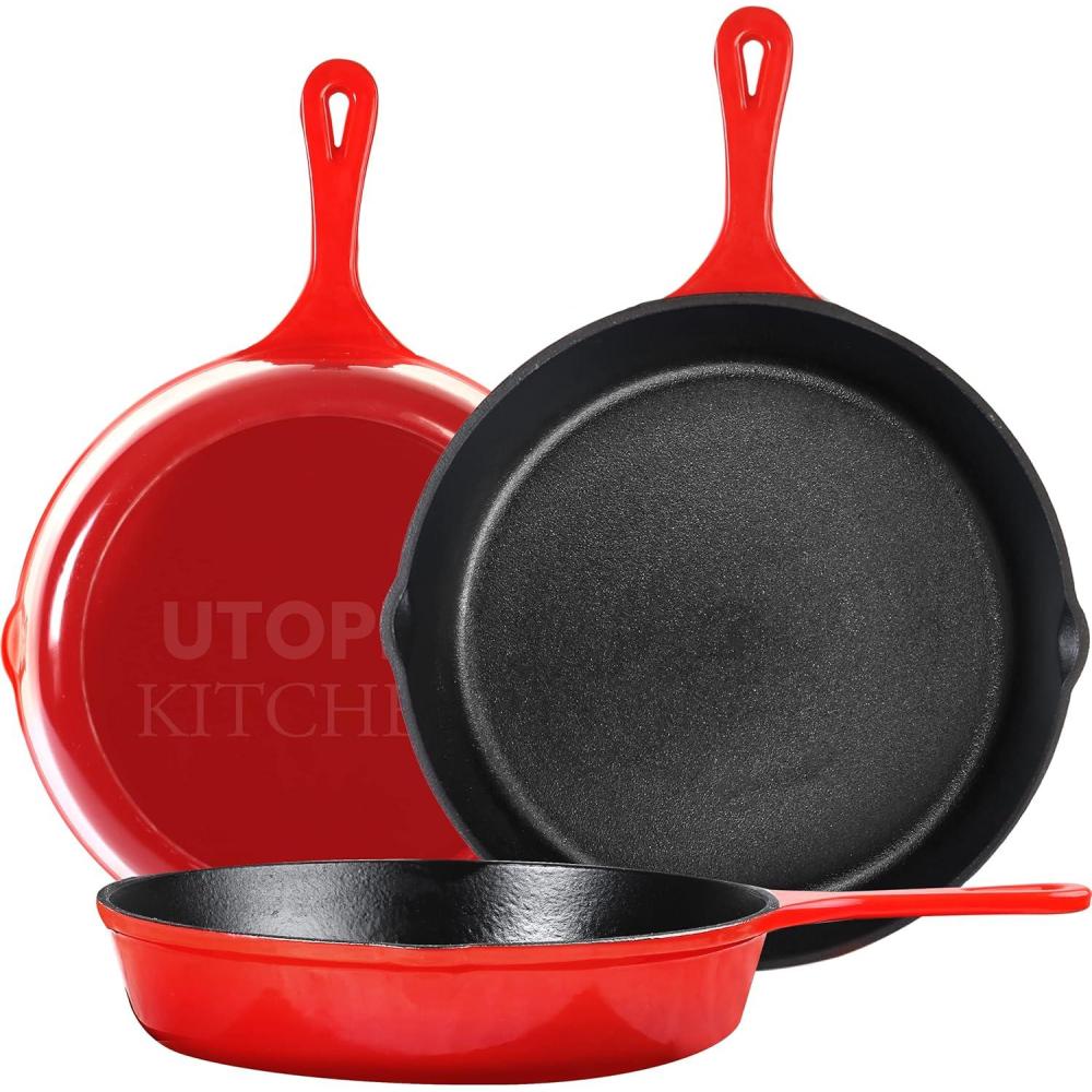 image:imageUtopia Kitchen Cast iron Skillets 3 Piece Set Chefs Pan Pre Seasoned Cast iron Skillets 6 8 amp 10 Inches Easy Use in the Oven Stove Grill or Campfire BlackRed