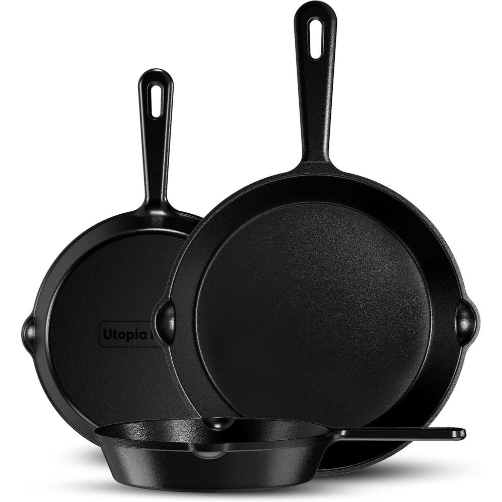 image:imageUtopia Kitchen Cast iron Skillets 3 Piece Set Chefs Pan Pre Seasoned Cast iron Skillets 6 8 amp 10 Inches Easy Use in the Oven Stove Grill or Campfire BlackBlack
