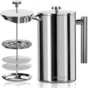image:imageUtopia Kitchen 304 Grade Stainless Steel French Press Coffee Maker 50 Oz Double Wall Insulated Coffee Press with 4Level Filtration system Include 2 Extra Filters RustFree Dishwasher Safe SilverSilver
