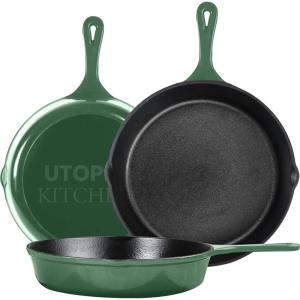 image:imageUtopia Kitchen Cast iron Skillets 3 Piece Set Chefs Pan Pre Seasoned Cast iron Skillets 6 8 amp 10 Inches Easy Use in the Oven Stove Grill or Campfire BlackGreen