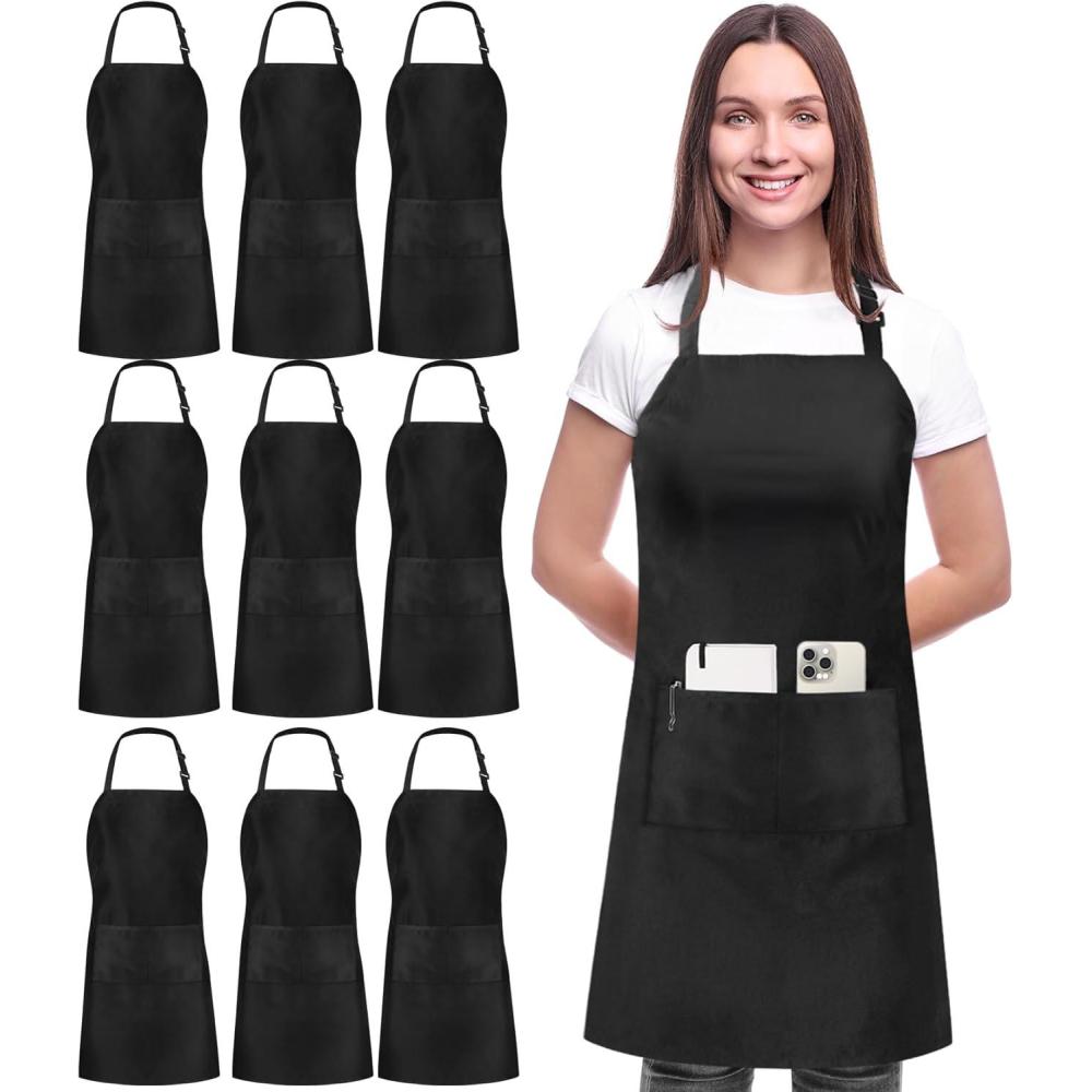 image:imageUtopia Kitchen 10 Pack Bib Apron Adjustable with 2 Pockets Water and Oil Resistant Cooking Kitchen Chef Apron for Women MenBlack