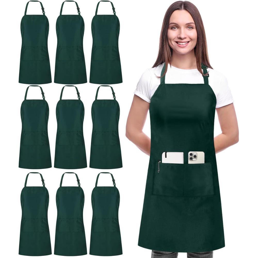 image:imageUtopia Kitchen 10 Pack Bib Apron Adjustable with 2 Pockets Water and Oil Resistant Cooking Kitchen Chef Apron for Women MenGreen
