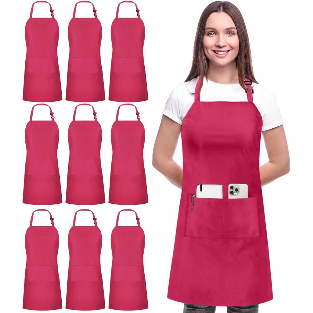image:imageUtopia Kitchen 10 Pack Bib Apron Adjustable with 2 Pockets Water and Oil Resistant Cooking Kitchen Chef Apron for Women MenPink
