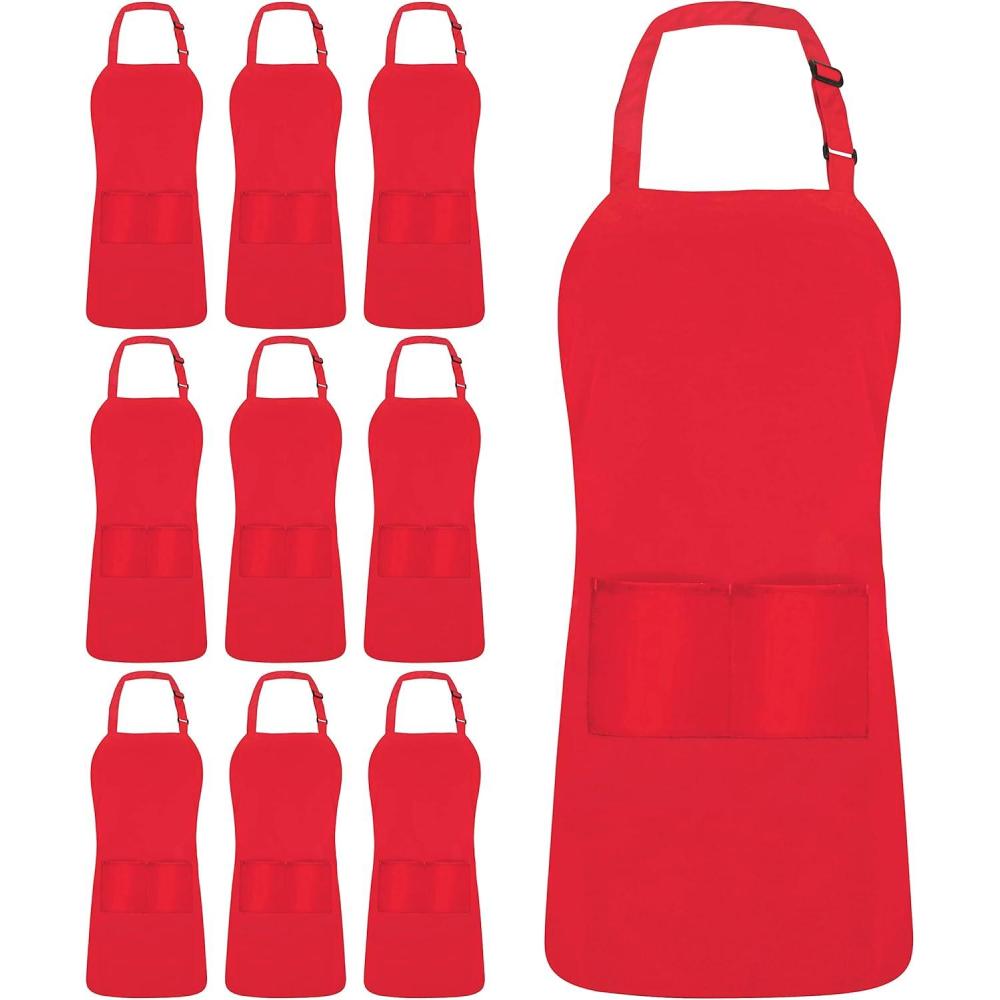 image:imageUtopia Kitchen 10 Pack Bib Apron Adjustable with 2 Pockets Water and Oil Resistant Cooking Kitchen Chef Apron for Women MenRed