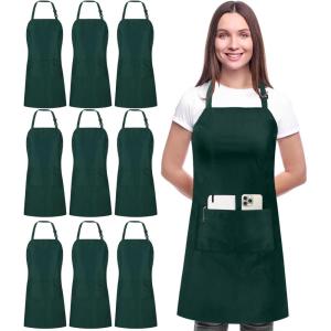 image:imageUtopia Kitchen 10 Pack Bib Apron Adjustable with 2 Pockets Water and Oil Resistant Cooking Kitchen Chef Apron for Women MenGreen