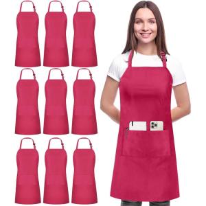 image:imageUtopia Kitchen 10 Pack Bib Apron Adjustable with 2 Pockets Water and Oil Resistant Cooking Kitchen Chef Apron for Women MenPink