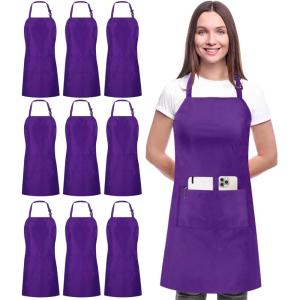 image:imageUtopia Kitchen 10 Pack Bib Apron Adjustable with 2 Pockets Water and Oil Resistant Cooking Kitchen Chef Apron for Women MenPurple