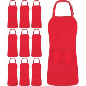 image:imageUtopia Kitchen 10 Pack Bib Apron Adjustable with 2 Pockets Water and Oil Resistant Cooking Kitchen Chef Apron for Women MenRed