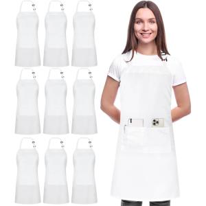 image:imageUtopia Kitchen 10 Pack Bib Apron Adjustable with 2 Pockets Water and Oil Resistant Cooking Kitchen Chef Apron for Women MenWhite