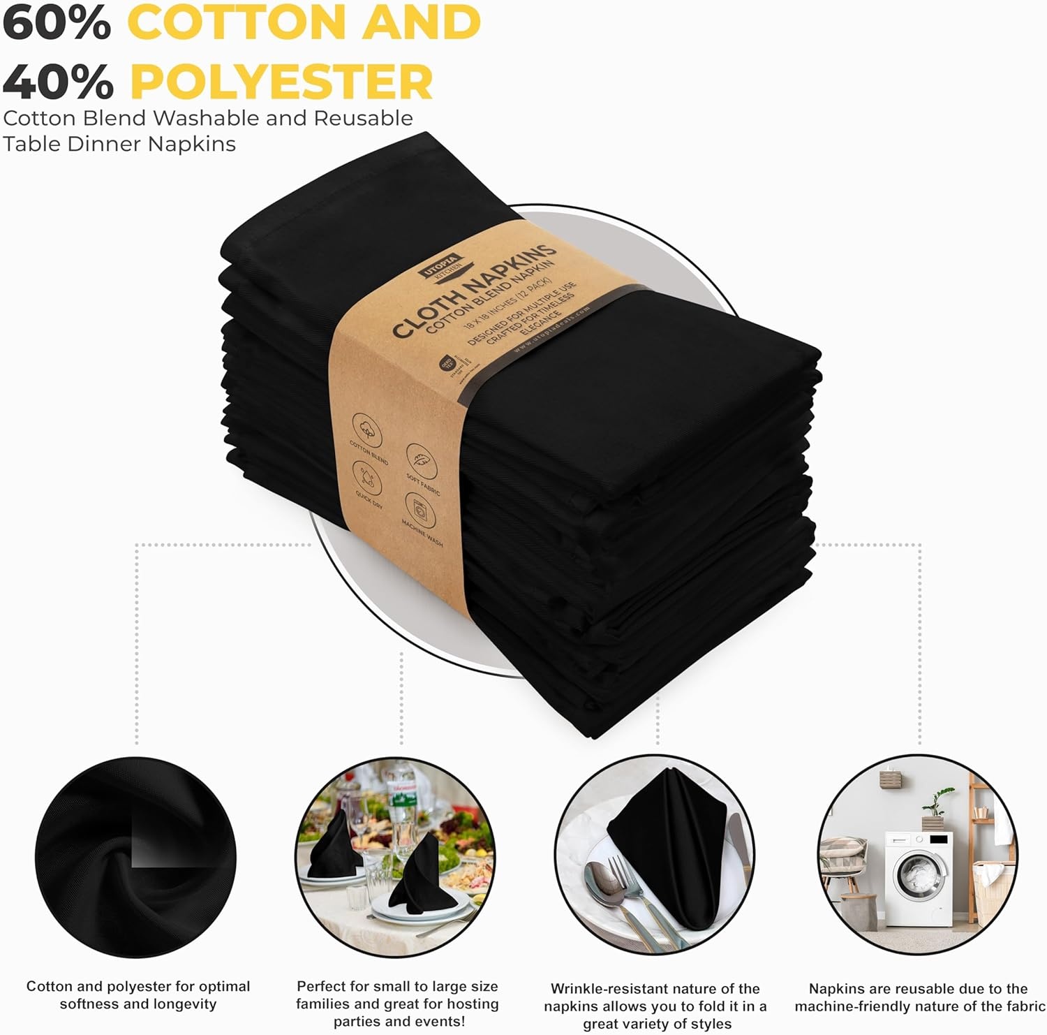image:imageUtopia Kitchen Black Cloth Napkins 12 Pack 18x18 Inch Absorbent Cotton Blend Washable and Reusable for Dinner Restaurant Lunch Wedding and HotelBlack