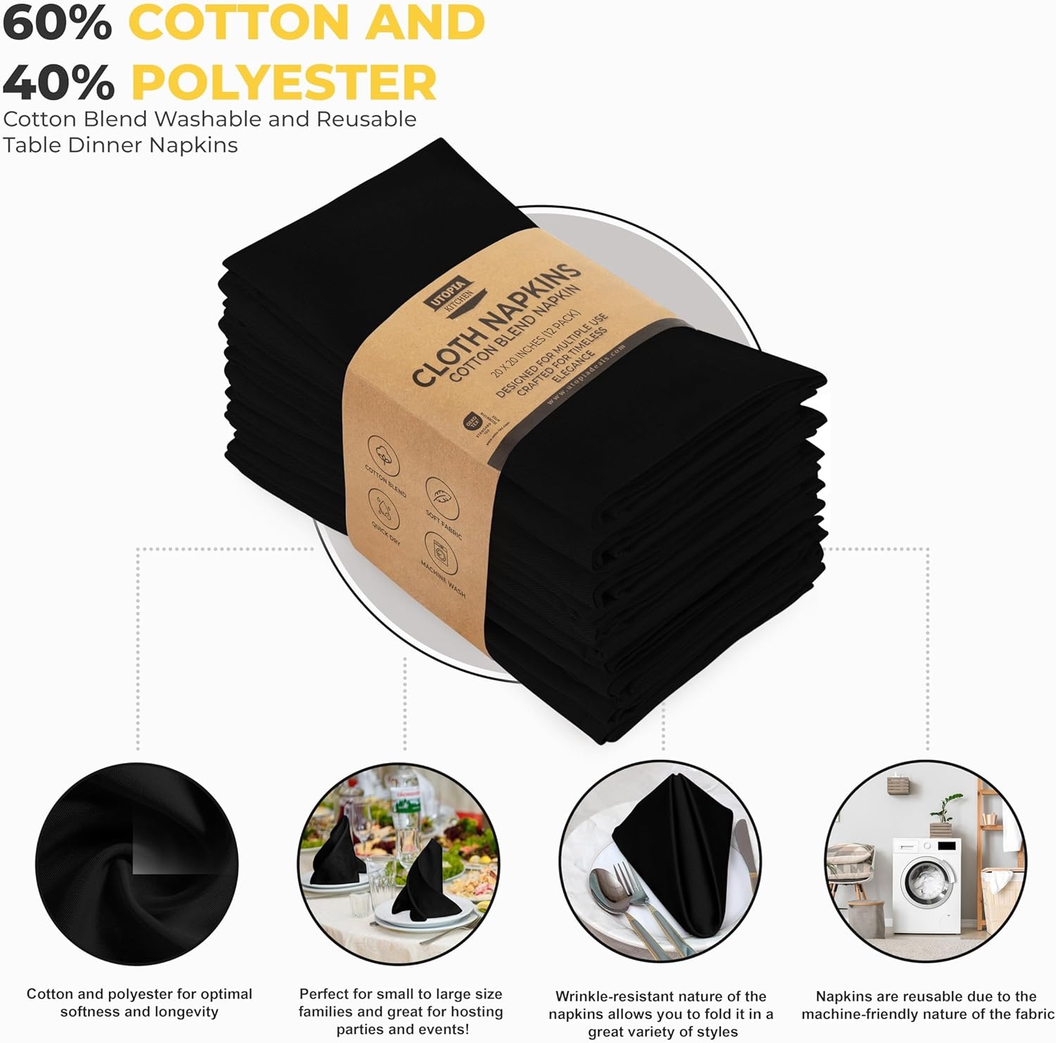 image:imageUtopia Kitchen Black Cloth Napkins 12 Pack 18x18 Inch Absorbent Cotton Blend Washable and Reusable for Dinner Restaurant Lunch Wedding and HotelBlack