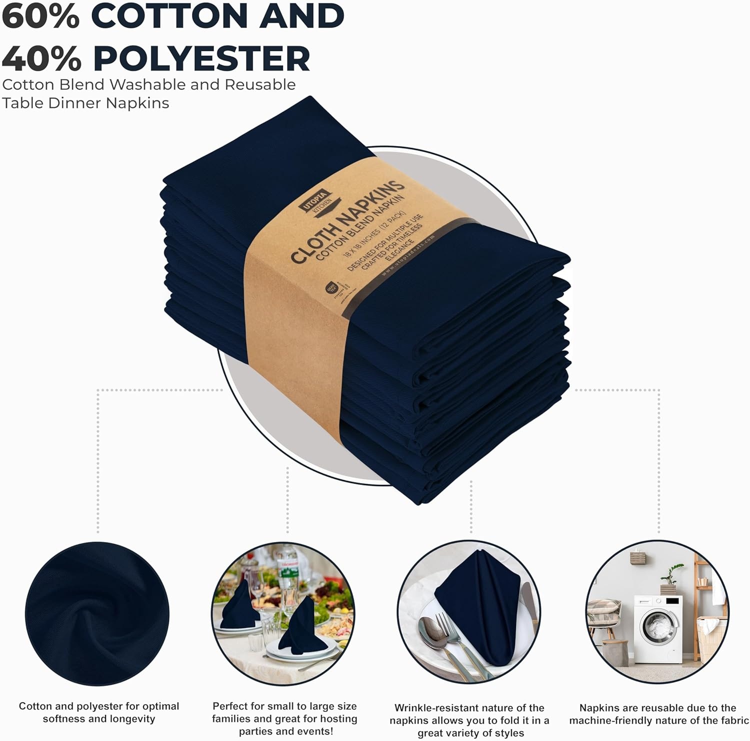 image:imageUtopia Kitchen Black Cloth Napkins 12 Pack 18x18 Inch Absorbent Cotton Blend Washable and Reusable for Dinner Restaurant Lunch Wedding and HotelNavy