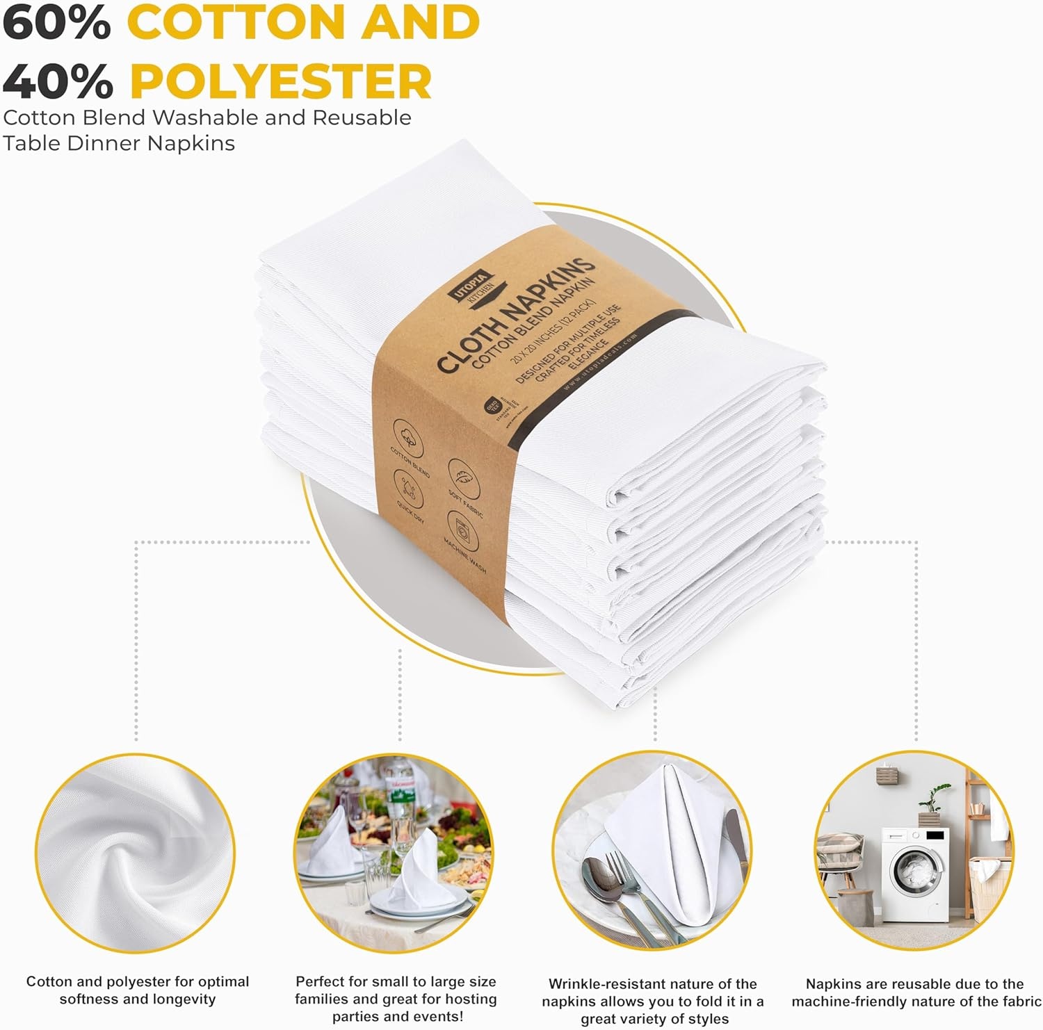 image:imageUtopia Kitchen Black Cloth Napkins 12 Pack 18x18 Inch Absorbent Cotton Blend Washable and Reusable for Dinner Restaurant Lunch Wedding and HotelWhite
